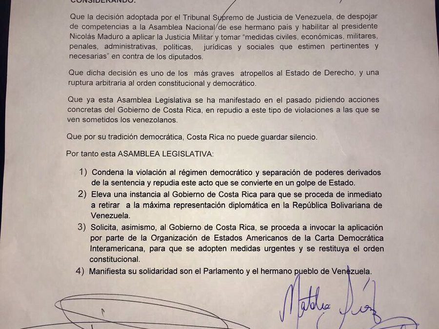 Asamblea Legislativa de Costa Rica condena lo que llamó «acto que se convierte en Golpe de Estado» en Venezuela