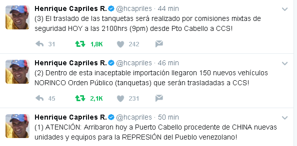 Capriles denunció arribo al país de nuevas unidades y equipos de represión procedentes de China