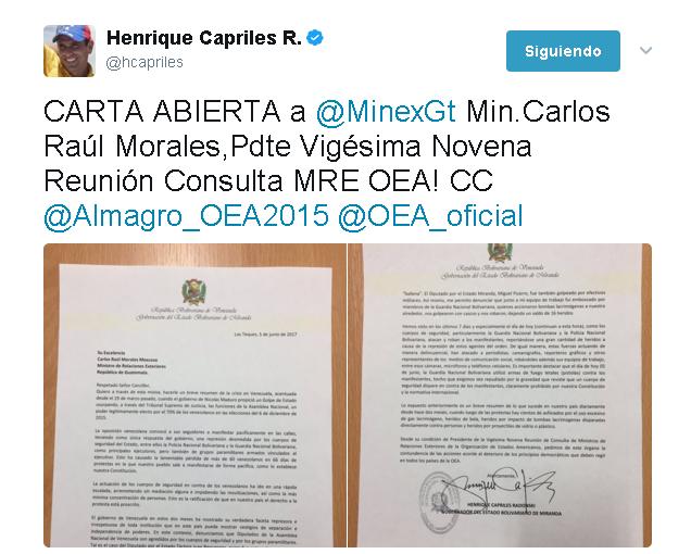 Capriles explicó a Canciller de Guatemala en la OEA agresiones que vive el pueblo venezolano