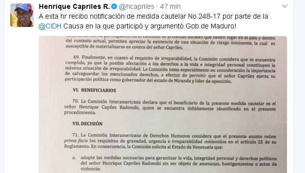 Comisión Interamericana de DDHH emite Medida Cautelar a favor de Henrique Capriles