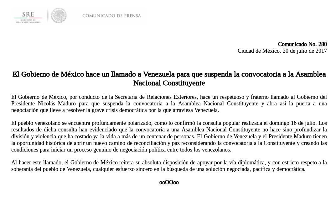 Gobierno de México hace un llamado a Venezuela para que suspenda la ANC
