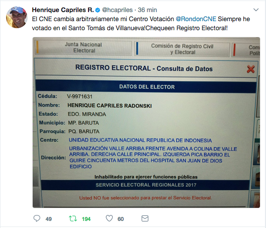 CNE cambió arbitrariamente centro de votación de Henrique Capriles